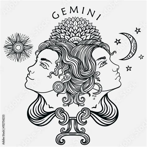 Hand Drawn Line Art Of Zodiac Gemini Vector Stock Image And Royalty