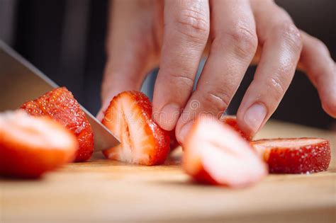 Knife Cutting A Strawberry Stock Image Image Of Cooking 86310207