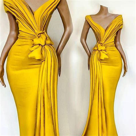 Stunning Yellow Mermaid Evening Dresses Pleats Knoted Off Shoulder Sweep Train Formal Party