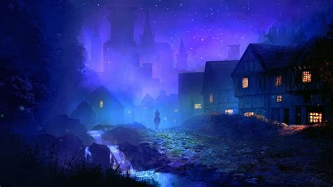 Illustration Of Houses Town Fantasy Art Fantasy City Night Hd
