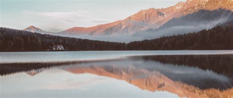 2560x1080 Lakeside Mountain Peak Outdoors Lake Reflection Sunset 4k