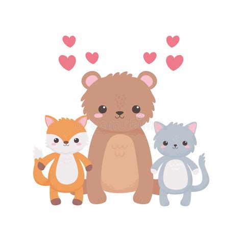 Cute Bear Cat Fox Tree Hearts Lovely Cartoon Animals Stock Vector