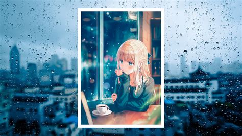 Download 1920x1080 Anime Girl Window Raining Coffee Blonde Rain