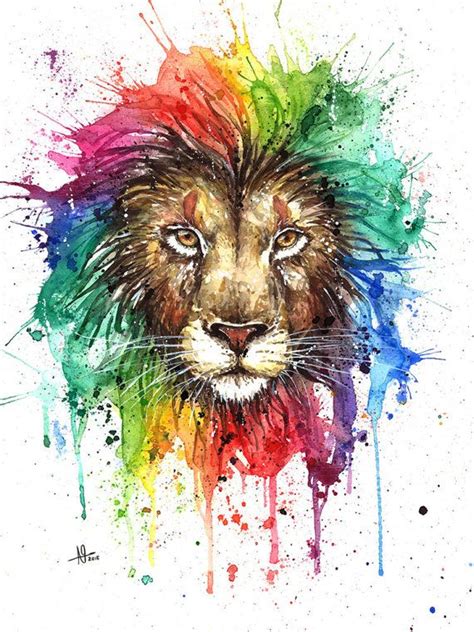 Rainbow Lion Watercolor Painting Fine Art Print Fine Art Painting