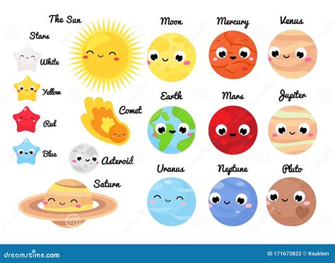 Cute Planets Cartoon Sun Moon Earth And Space Solar System Elements