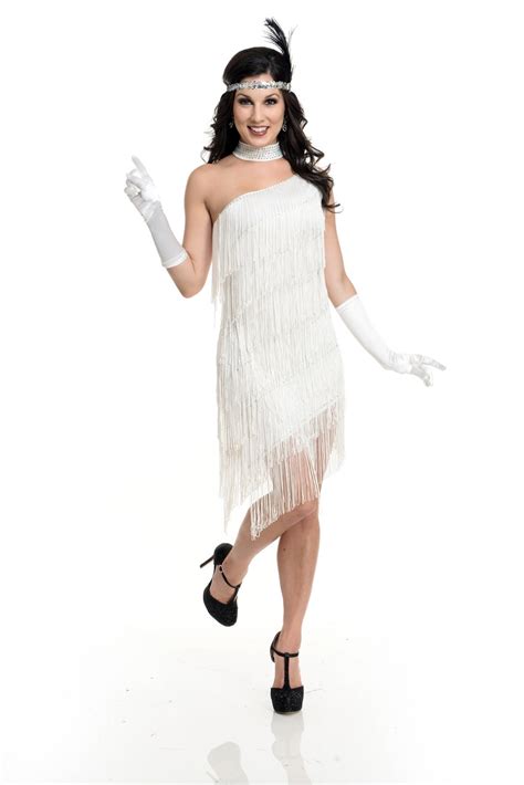 classic flapper white one shoulder fringe dress