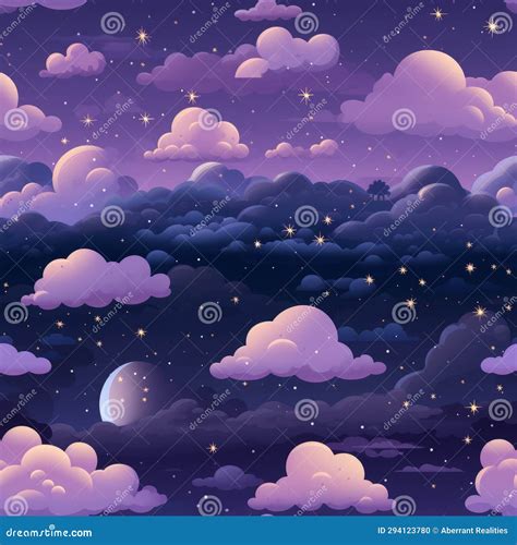 Cartoon Night Sky With Clouds Moon And Stars Stock Illustration