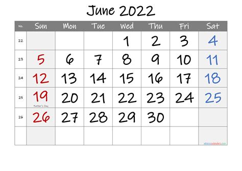 Free Printable June 2022 Calendar With Week Numbers Pelajaran