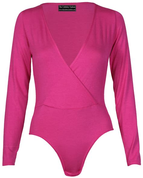 Womens Long Sleeve Cross Wrap Over Plunge V Neck Bodysuit Leotard Top