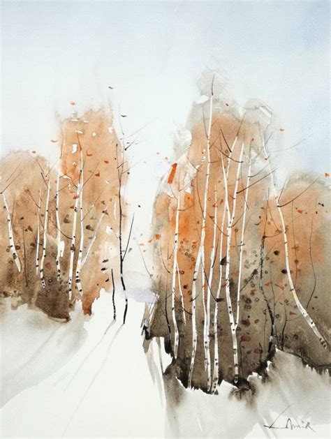 Brown Landscape Painting Birch Trees Autumn Watercolor Etsy In 2021