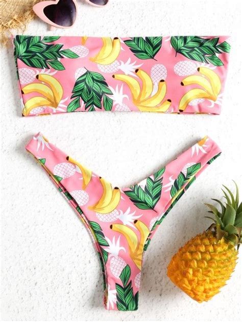 Bandeau Tropical Banana High Leg Bikini Pink S Bikinis Womens