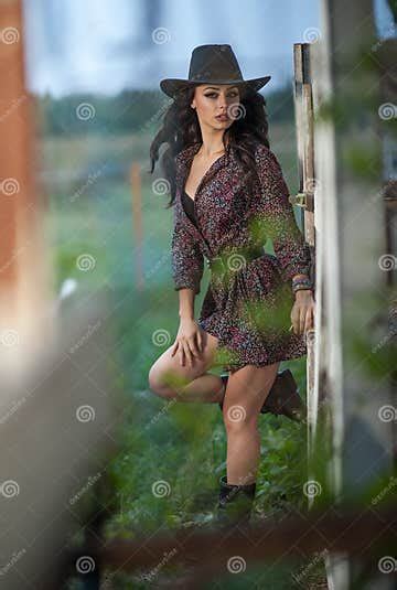 Beautiful Brunette Girl With Country Look Outdoors Shot Near Wooden Fence Rustic Style