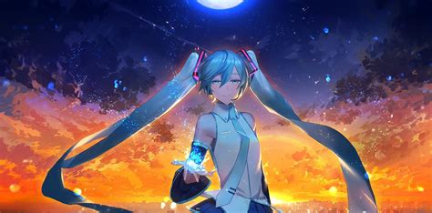 Wallpaper Hatsune Miku Vocaloid Moon Twintails Scenic Resolution