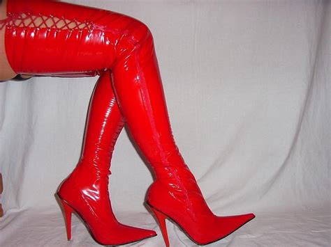 Red Latex Lack Boots Whole Legs Binded Latex High Heels