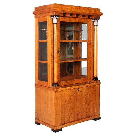 19th Century Biedermeier Walnut Display Cabinet Showcase Vitrine At
