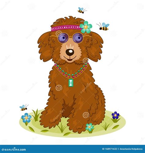Cute Cartoon Curly Brown Hippie Dog Sits On A Lawn Stock Vector