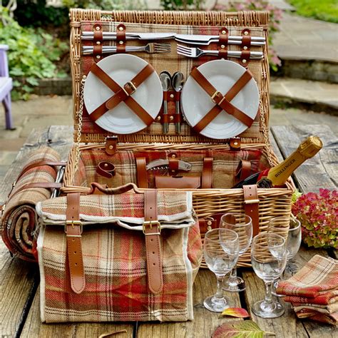 Personalised Red Tartan Picnic Basket With Blanket For Four People