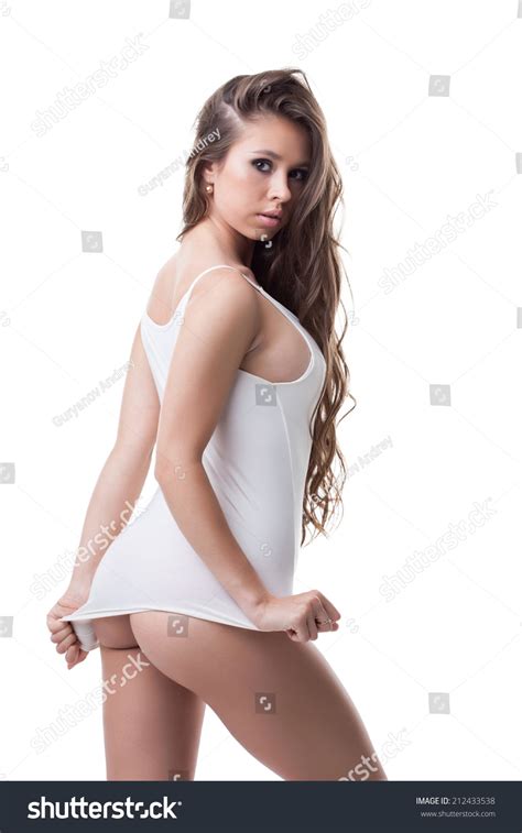 Photo De Stock Sexy Girl Posing Tshirt Without Underwear 212433538