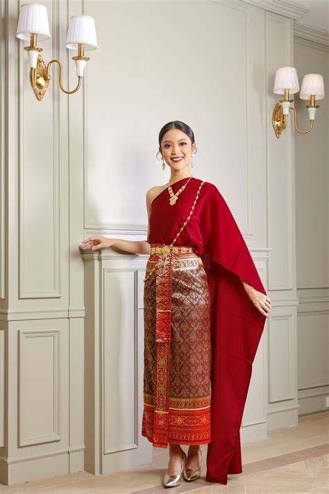 Red Traditional Thai Dress Sabai And Silk Skirt Outfit Set High Quality