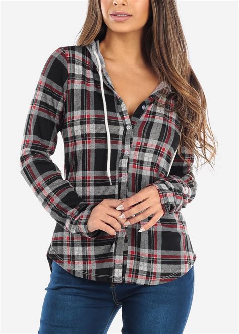 Moda Xpress Womens Long Sleeve Hoodie Button Up Flannel Black And Red