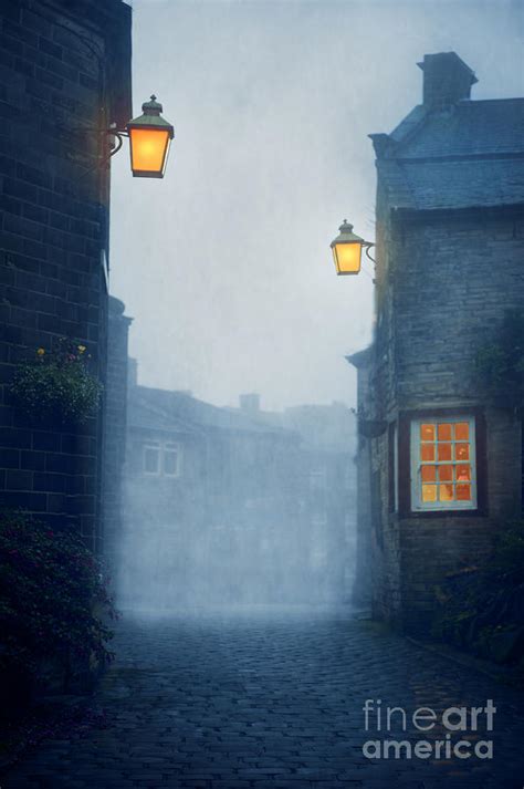 Eerie Cobbled Street At Night With Gas Lamps And Fog Photograph By Lee