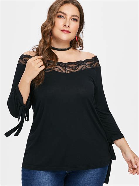 Wipalo 5xl Plus Size Off Shoulder Lace Trim Collar Slim Fit T Shirt Casual Solid Black Self Tie