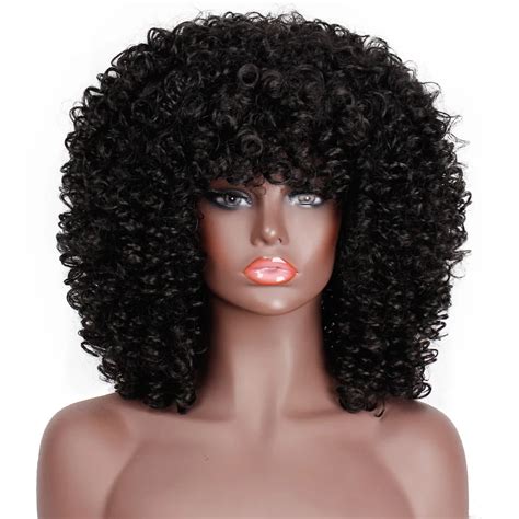 Vigorous Afro Kinky Curly Wig With Bangs Synthetic Heat Resistant Fiber Hair Wigs Curly Full