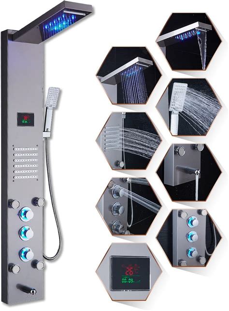 Elloandallo Led Rainfall Waterfall Shower Head Rain Massage System With Body Jets And Hand Shower
