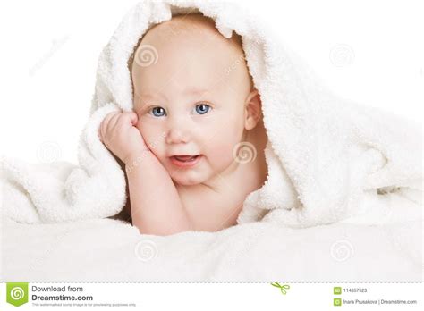 Baby Covered With White Towel Happy Kid Boy Under Blanket Royalty Free