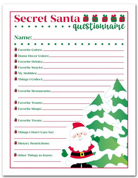 Secret Santa Questionnaire Template Printable Kids Entertainment