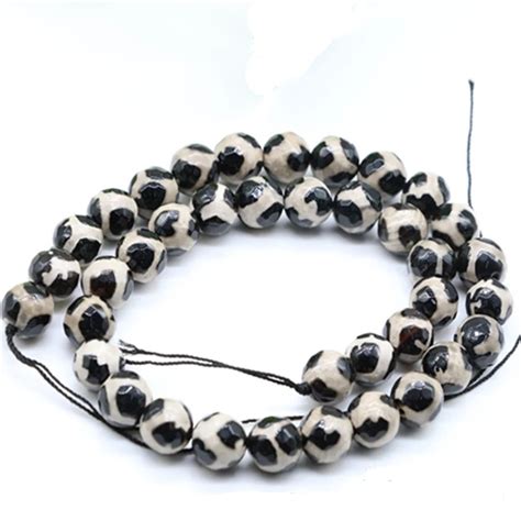 Faceted Black White Tibetan Dzi Agates Stone Beads Round Spacer Beads