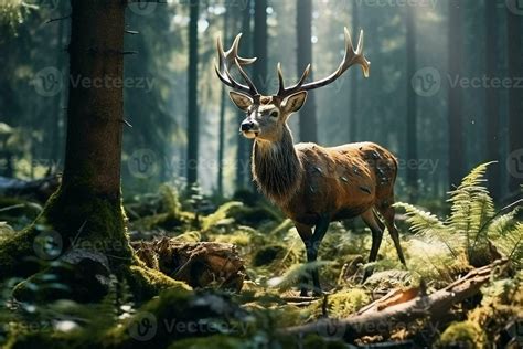 Majestic Red Deer Stag In The Forest Beautiful Wild Deer In The Forest