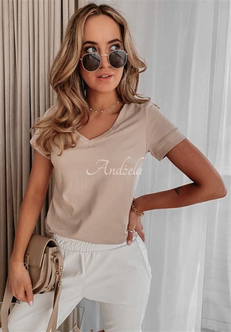 T Shirt mit V Ausschnitt Lauren Nude Andżela Online Shop