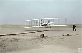 First flight of the Wright Flyer I, December 17, 1903, Orville piloting ...