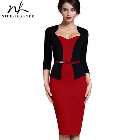 Nice Forever Stylish One Piece Faux Jacket Elegant V Neck Work Dress Office Bodycon Female 3 4