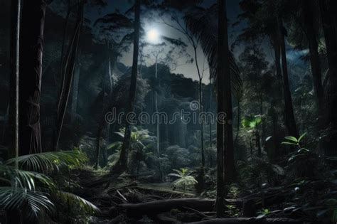 Dark Rainforest At Night With The Moon Shining Through The Trees Stock