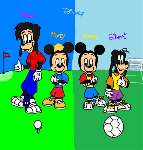 morty and max playing golf and ferdie and gilbert playing soccer side by side mickey and