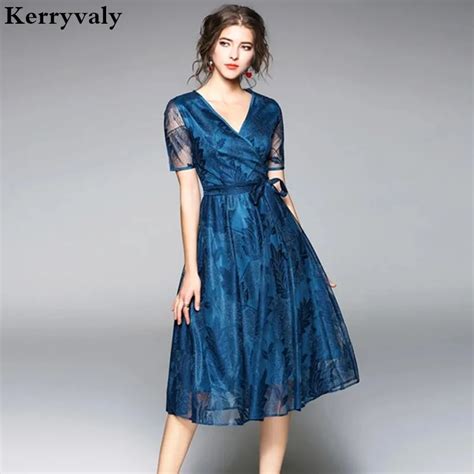 Summer Peacock Blue Lace Dress Womens Dresses New Arrival 2019 Robe