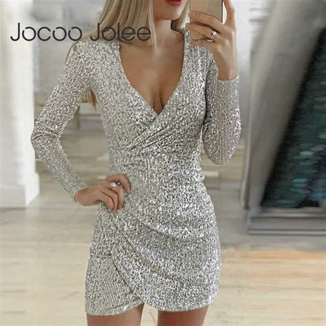 Jocoo Jolee Silver Glitter Sequin Bodycon Dress Elegant Deep V Neck