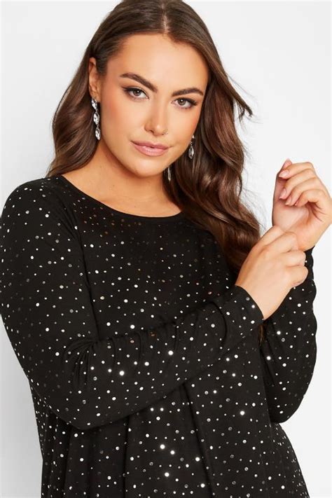 Plus Size Black And Silver Embellished Long Sleeve Swing Top Yours Clothing