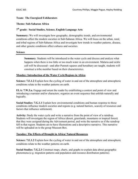 Integrated Unit Six Point Lesson Plan