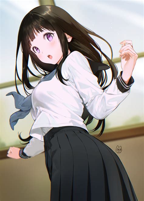 Safebooru 1girl O Arm Up Bangs Black Hair Black Skirt Blue Neckwear Blush Breasts Chitanda