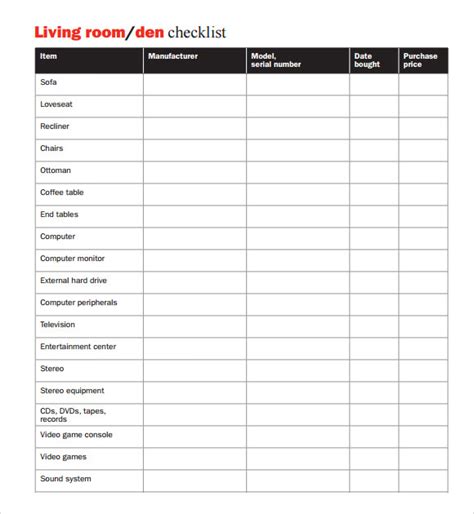 Printable Home Contents Inventory List Template