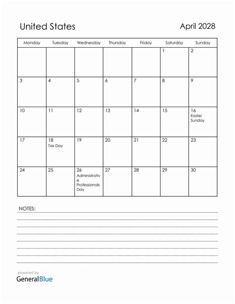 April 2028 United States Calendar With Holidays