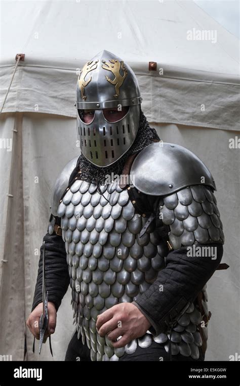 Armed Swordsman In Full Military Armour With Chain Mail Sword And