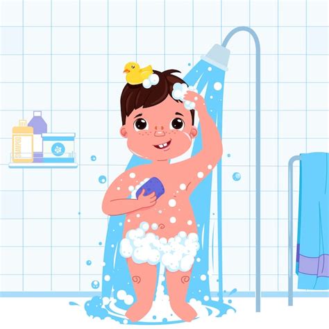 Little Child Boy Character Take A Shower Daily Routine Bathroom