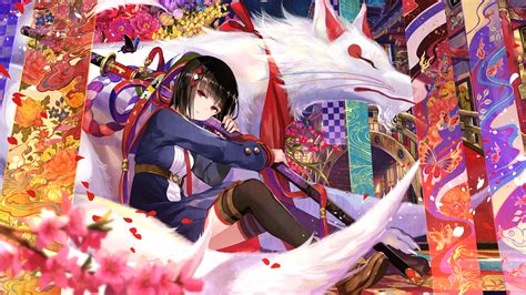 See more of girls with colorful hair on facebook. Download 2560x1440 Anime Girl, Shrine, Katana, White Fox ...
