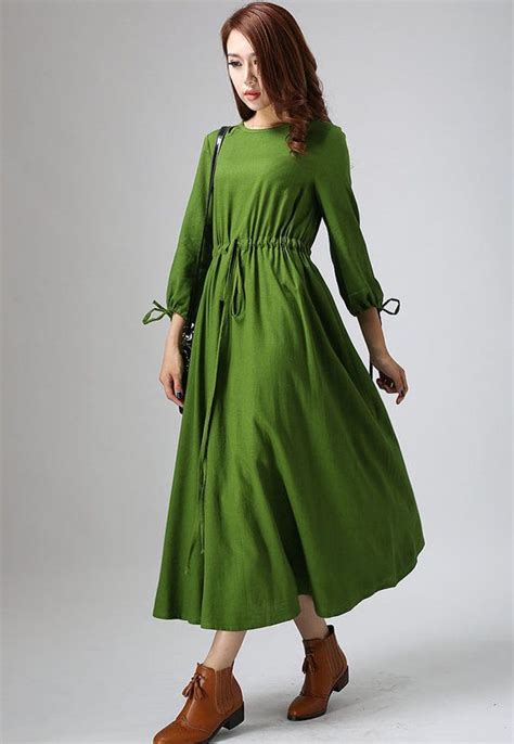 Green Dress Woman Casual Maxi Dress Long Day Dress Custom Made 806