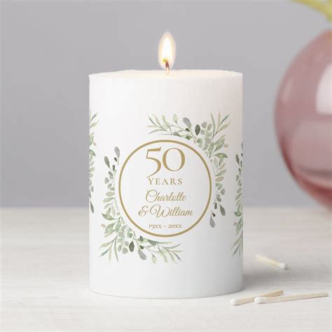 Elegant Gold 50th Wedding Anniversary Greenery Pillar Candle Gender