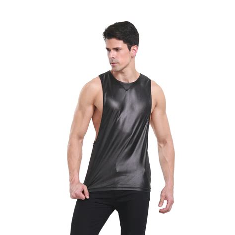 2 Colors Men Tank Tops Vests Sexy Faux Leather Singlet Sleeveless O